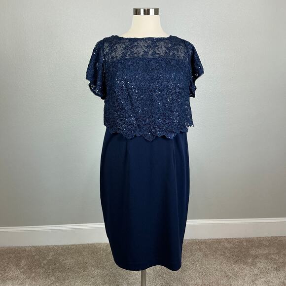 Adrianna Papell Sequined Lace Sheath Boat Neck Cocktail Dress Navy Blue Size 14W - Picture 2 of 13